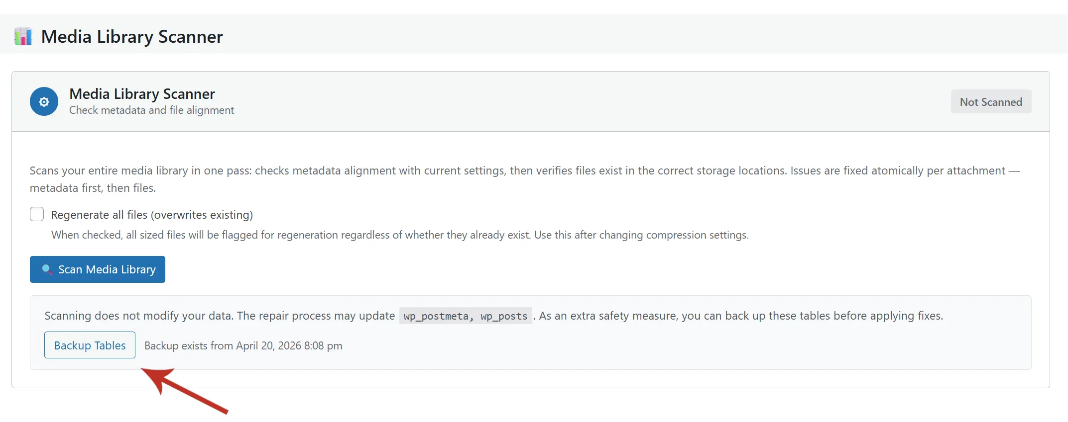 Backup Tables button in the StaticQ Media Manager — placed directly below the Media Library Scanner, with a status line showing the timestamp of the most recent backup