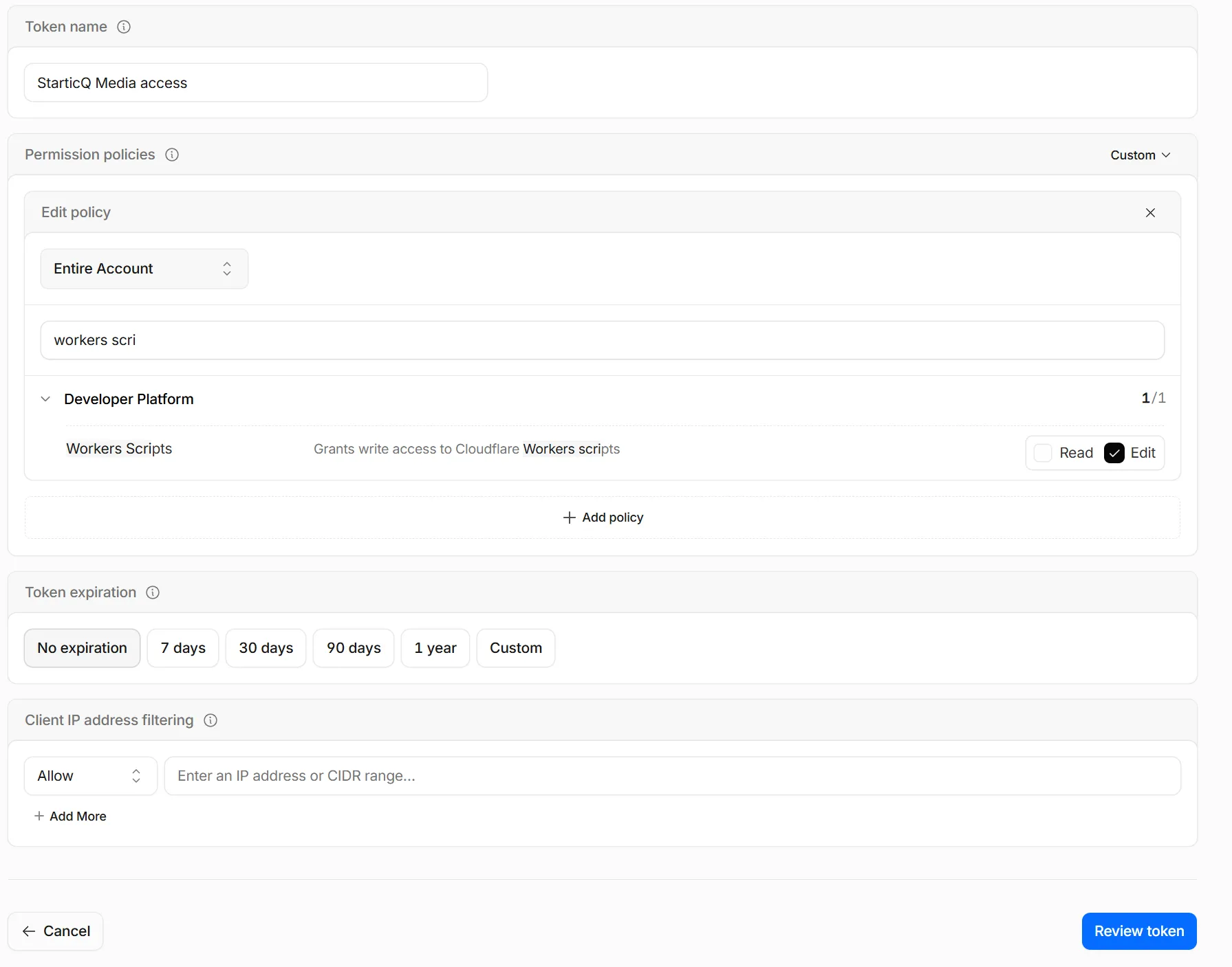 Cloudflare API token creation screen — Workers Scripts and Workers Routes permissions selected, scoped to a single account and zone, with a descriptive token name