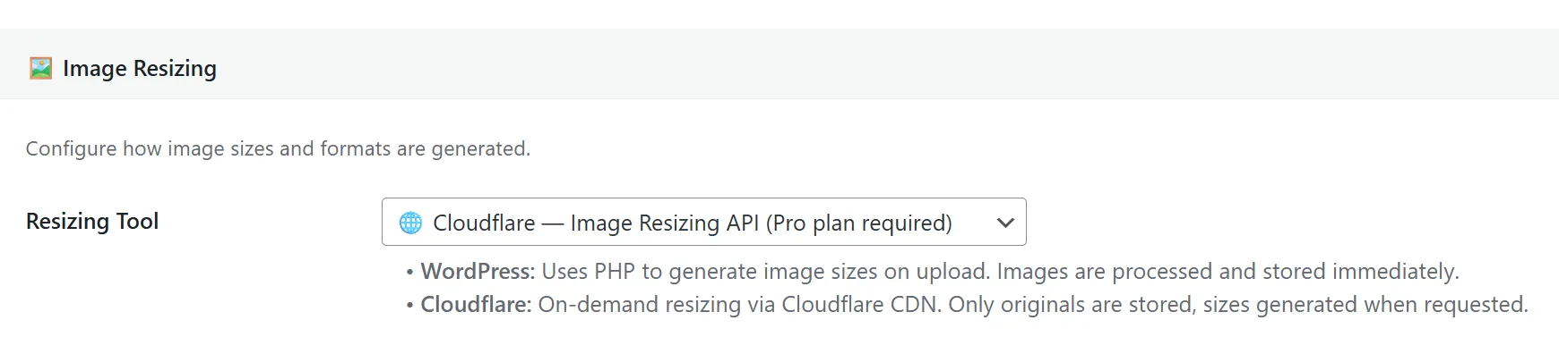 Cloudflare Image Resizing toggle enabled in StaticQ settings, offloading thumbnail generation and WebP conversion to the Cloudflare edge