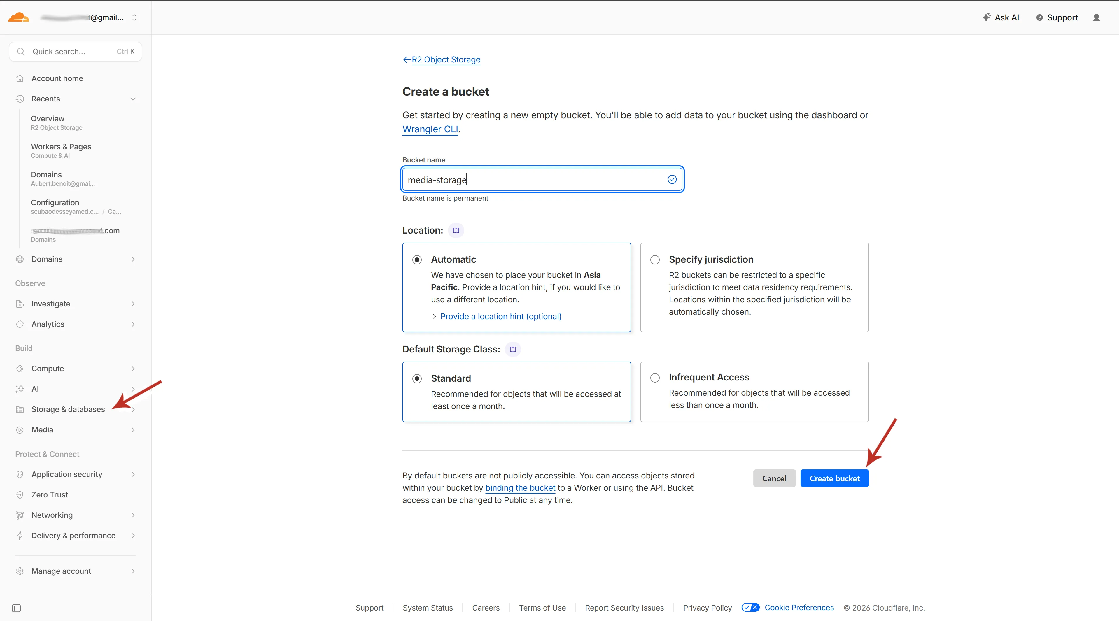 Cloudflare dashboard creating a new R2 bucket — the entry point for the StaticQ Media offload workflow