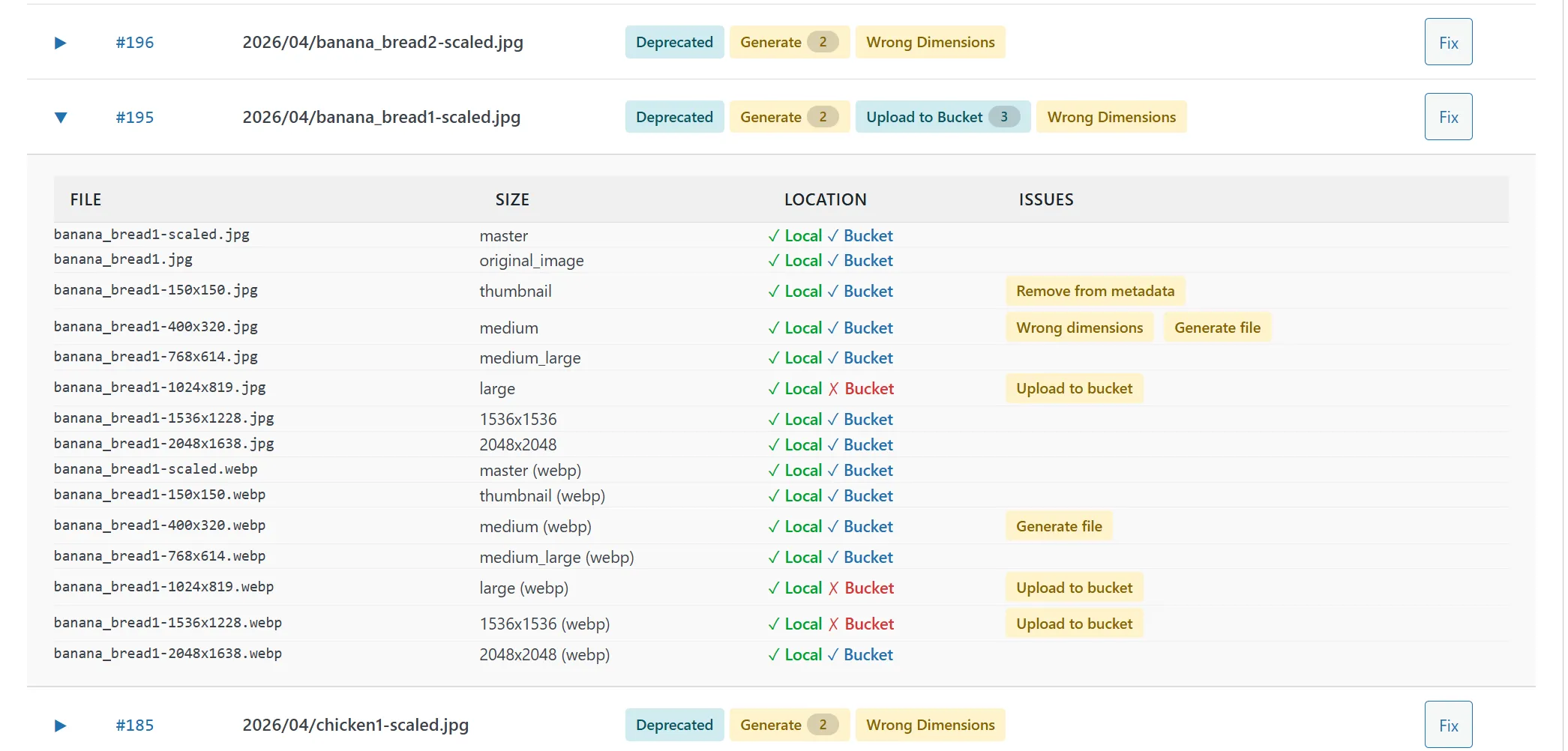 Media Library Scanner results — missing sizes and dimension mismatches surfaced after a WordPress theme change, ready for targeted repair