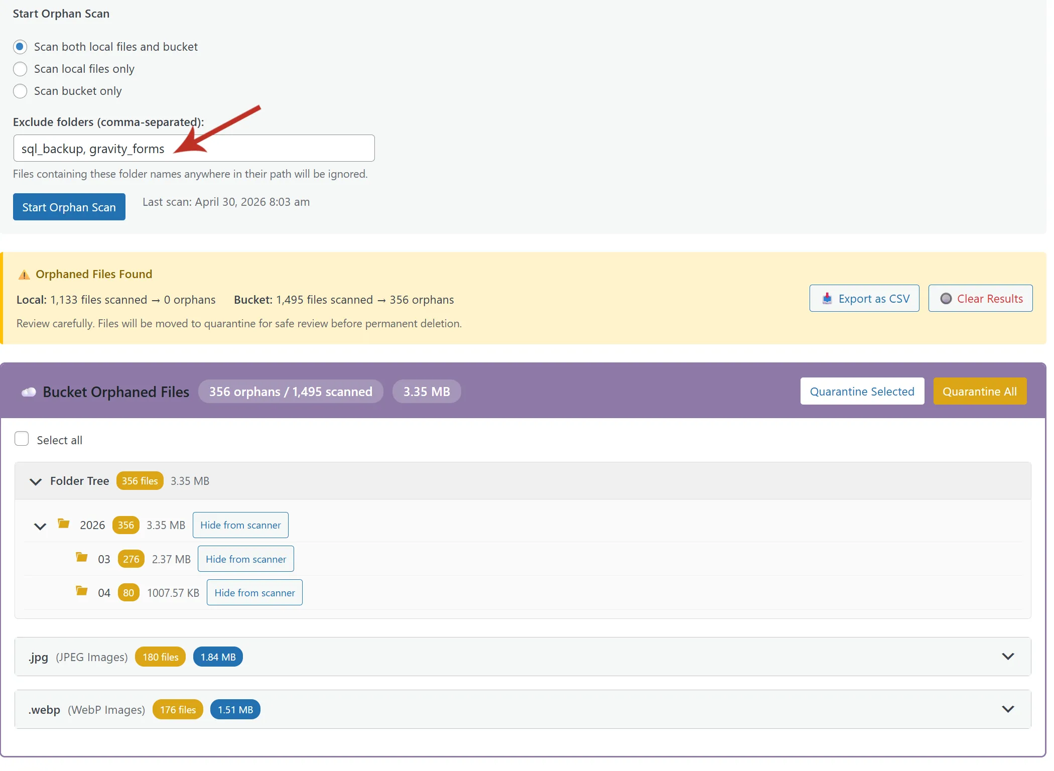 Folder exclusion settings in Orphan Detection — known plugin and theme folders (elementor, woocommerce_uploads, etc.) marked as excluded so their legitimate non-attachment files don't get flagged as orphans