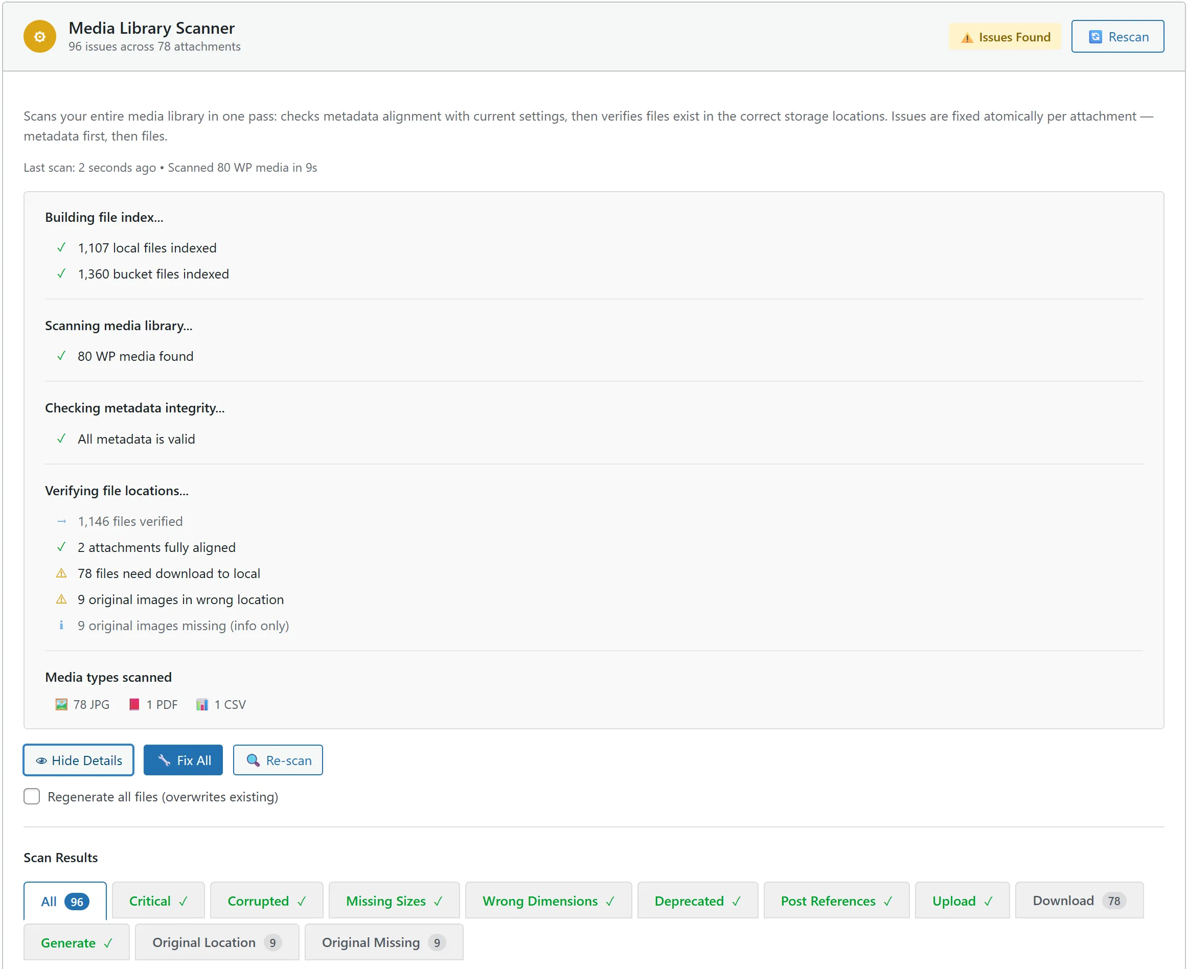 Media Library Scanner results — categorized issues with per-attachment repair actions