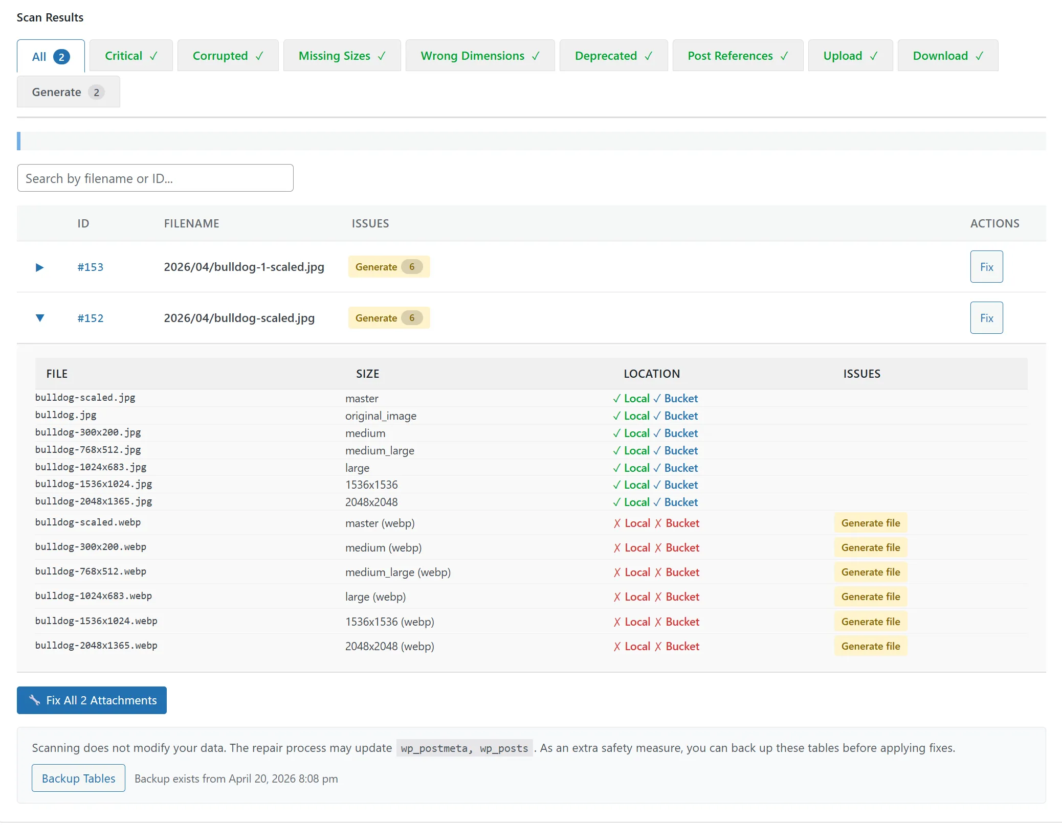 Media Library Scanner results — attachments missing WebP variants flagged with counts, ready for batch repair via Fix All