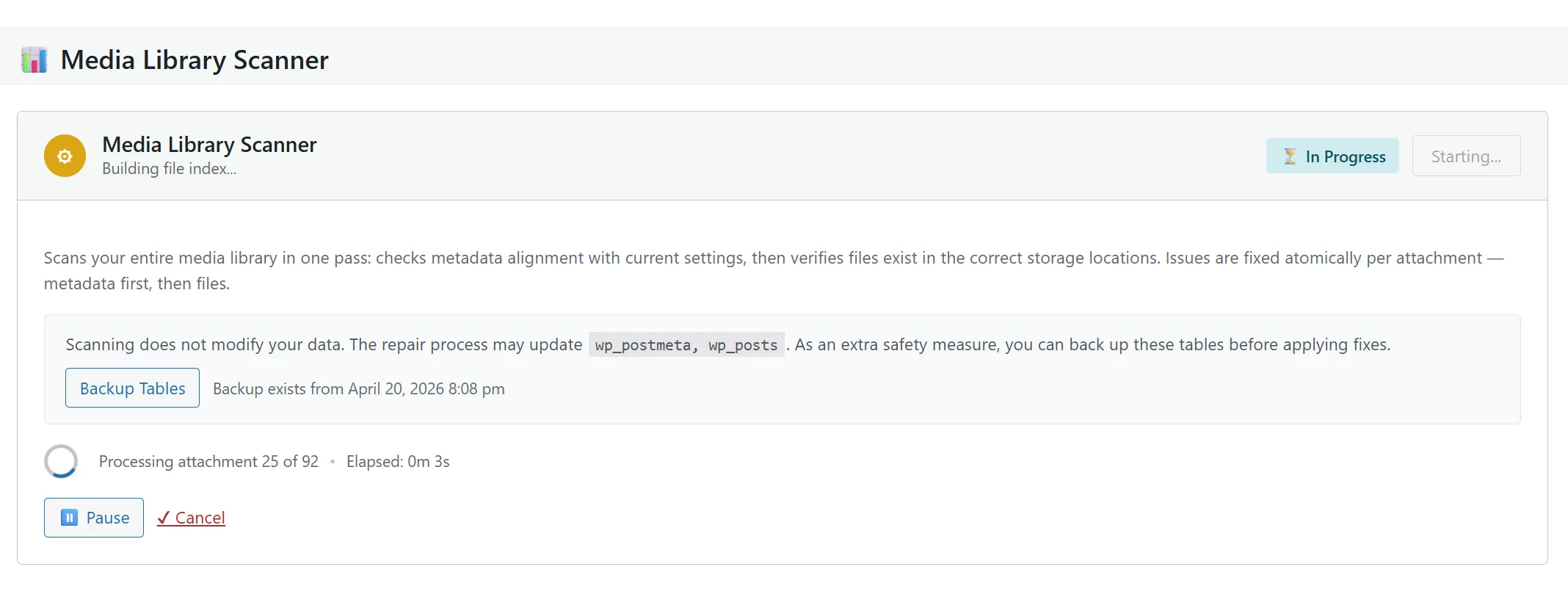 Media Library Scanner mid-run — progress bar with batch count, working through the library in cron-driven chunks