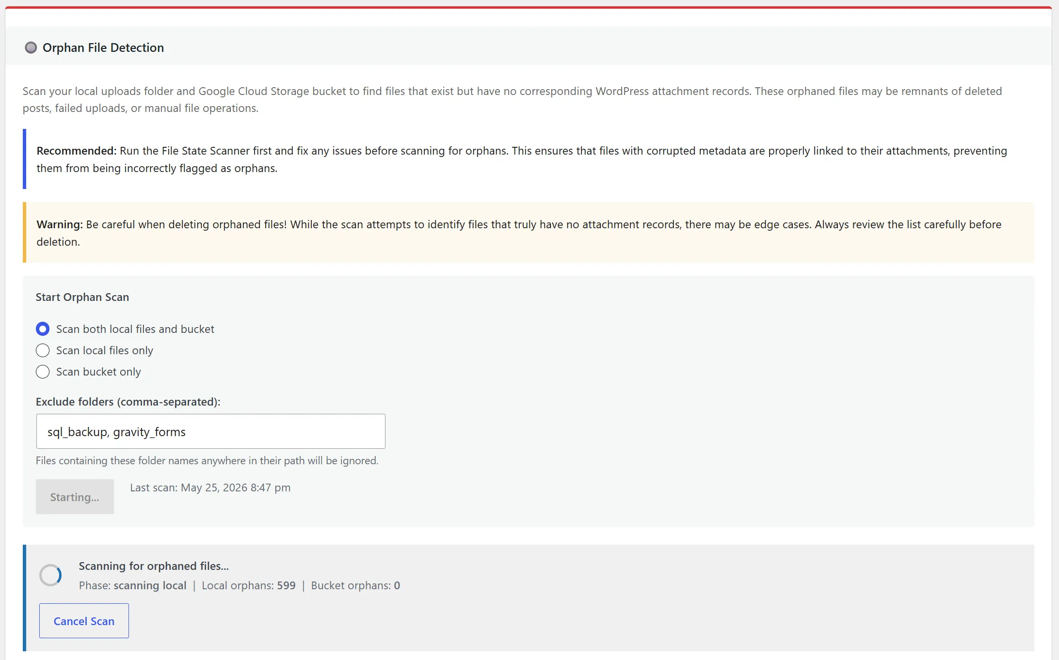 Orphan Detection scan running in the Media Manager — batch counter advancing through the uploads directory, comparing each file against the attachment index