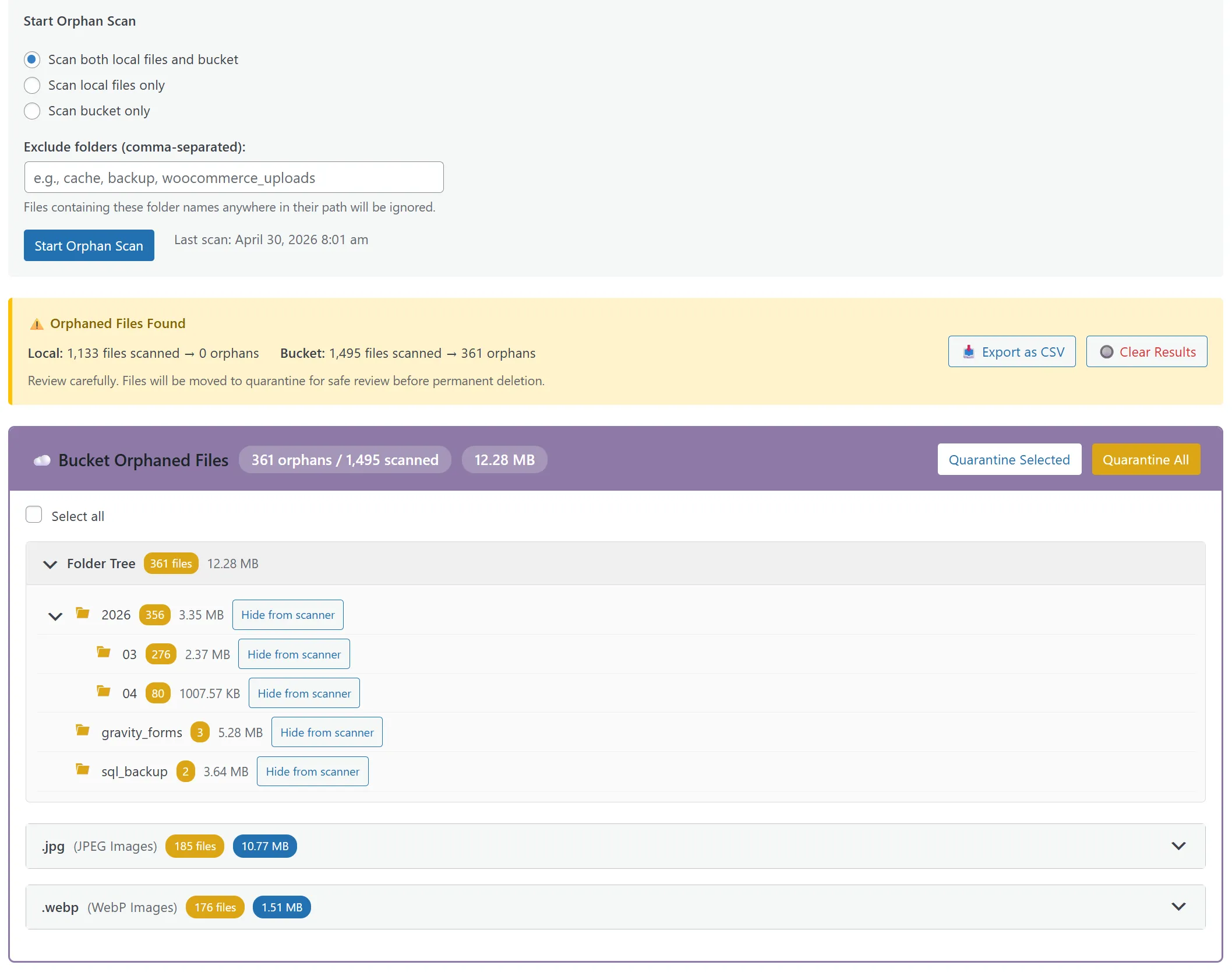 Orphan Detection results grouped by folder — year/month upload directories alongside plugin and theme folders, each with a file count and total size so you can decide what's intentional and what's leftover