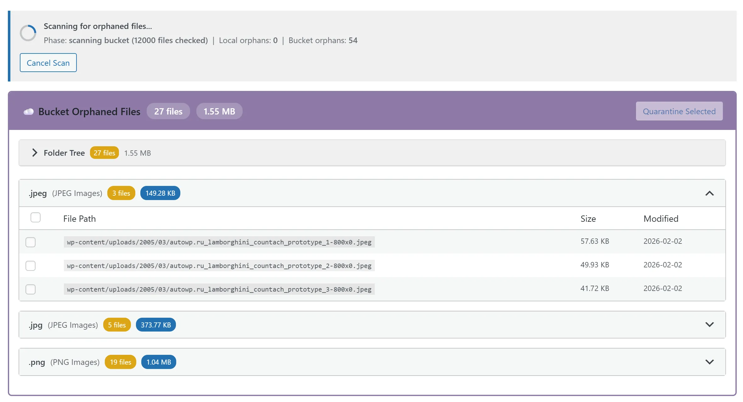 Orphan Detection scan running across the bucket and local disk in batches, with a live counter of files inspected