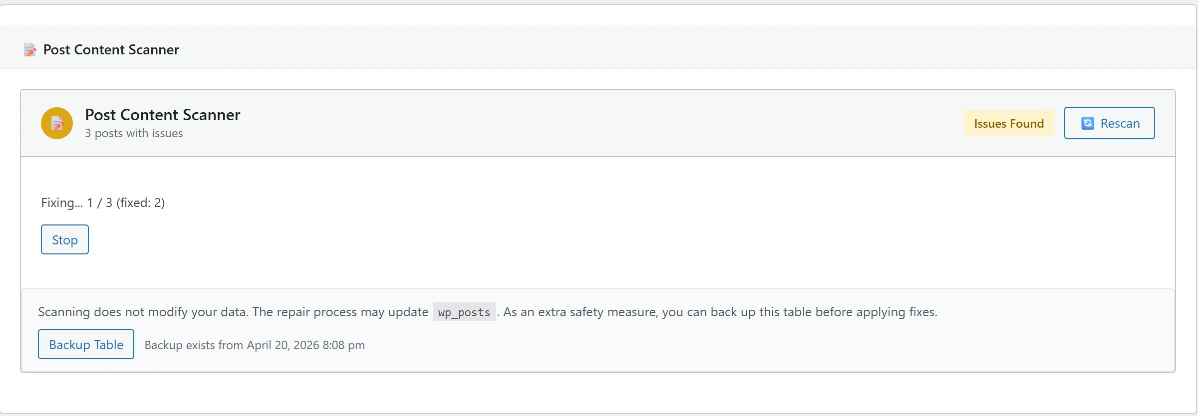 Fix All summary screen — broken URLs rewritten successfully across the affected posts