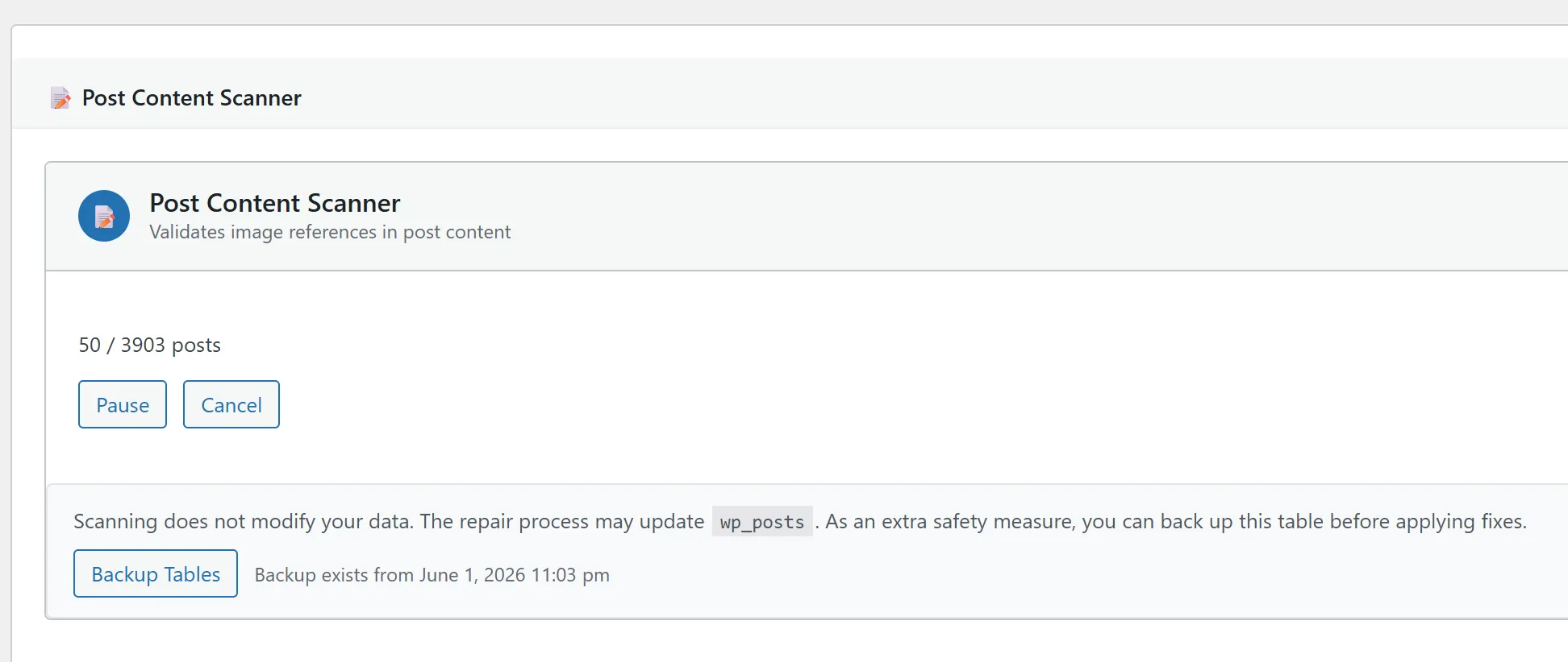 Post Content Scanner mid-scan — batch progress bar advancing through posts, with running counts of items checked and issues found