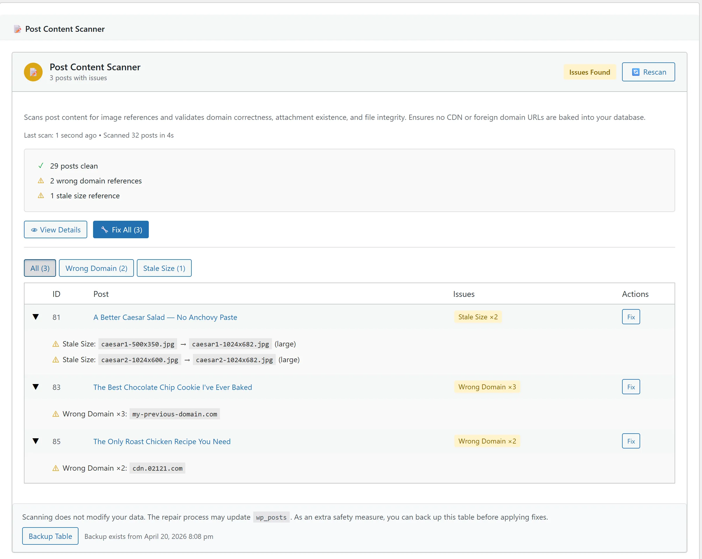 Post Content Scanner results — broken image URLs categorized by issue type with the posts affected