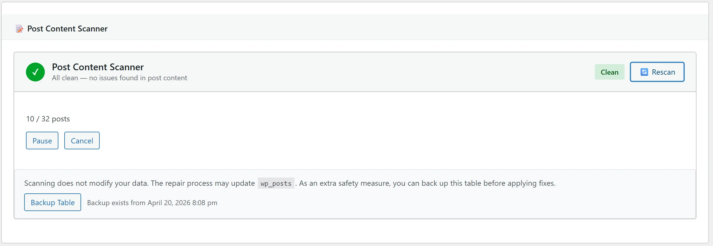 Post Content Scanner running across the database in controlled batches, showing live progress