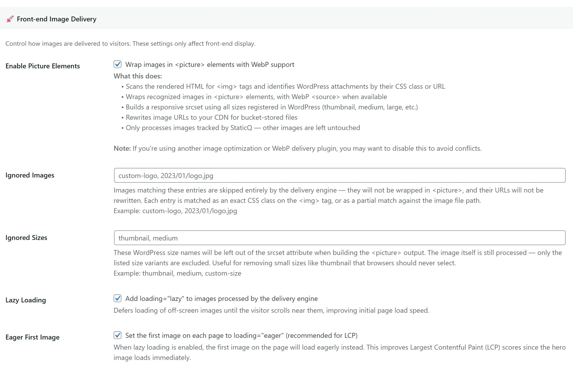 StaticQ Media processing settings with WebP conversion and front-end delivery enabled
