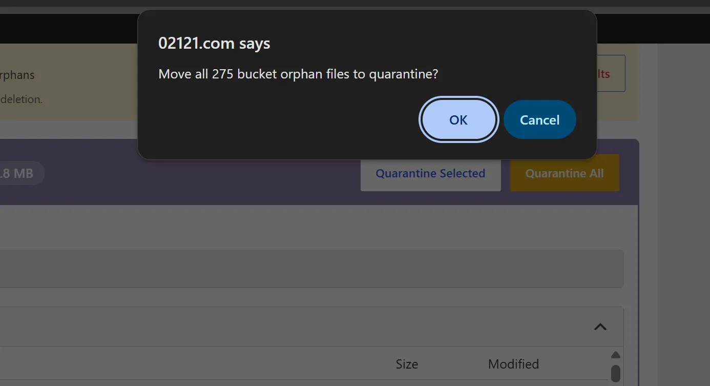 Quarantine confirmation dialog — file count, total size to be moved, and an explicit confirm step before any orphan files leave the live uploads directory
