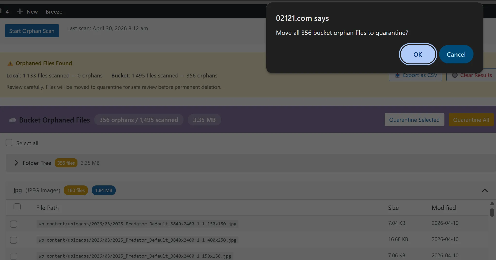 Quarantine confirmation dialog showing the file count and total size that will be moved out of uploads/
