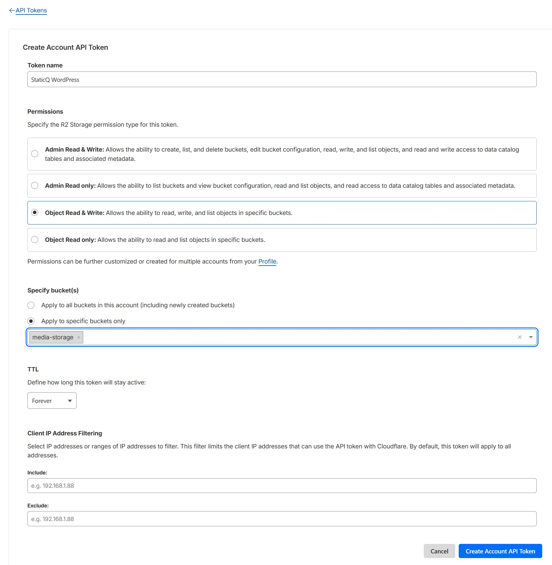 Cloudflare R2 API token credentials screen, showing Access Key ID and Secret Access Key
