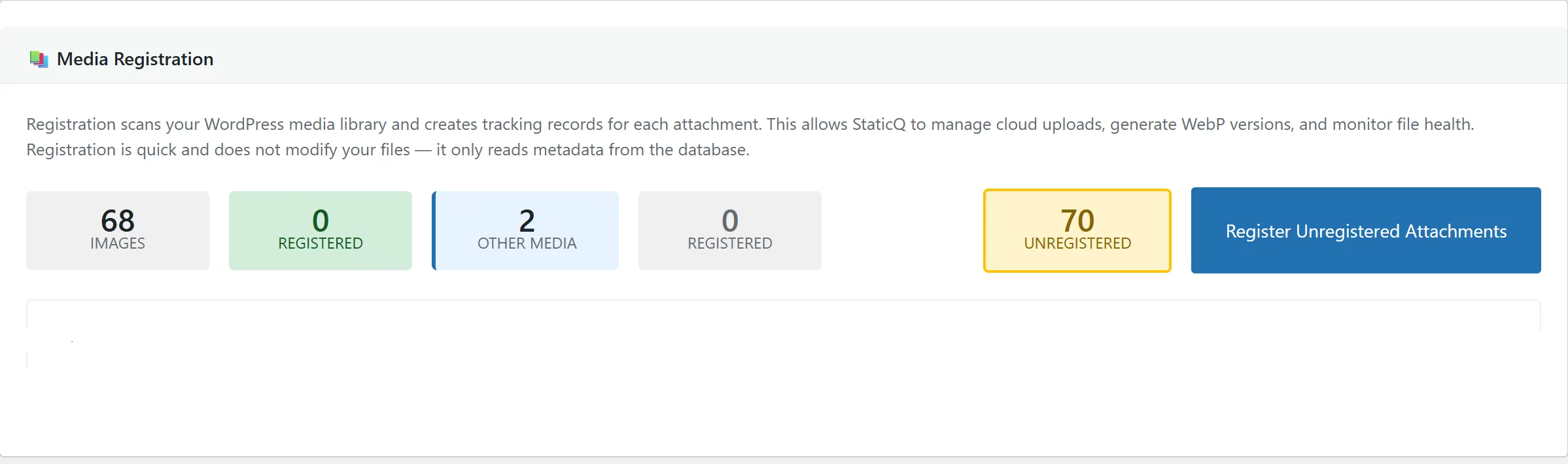 StaticQ Media Manager showing the registration progress bar mid-scan