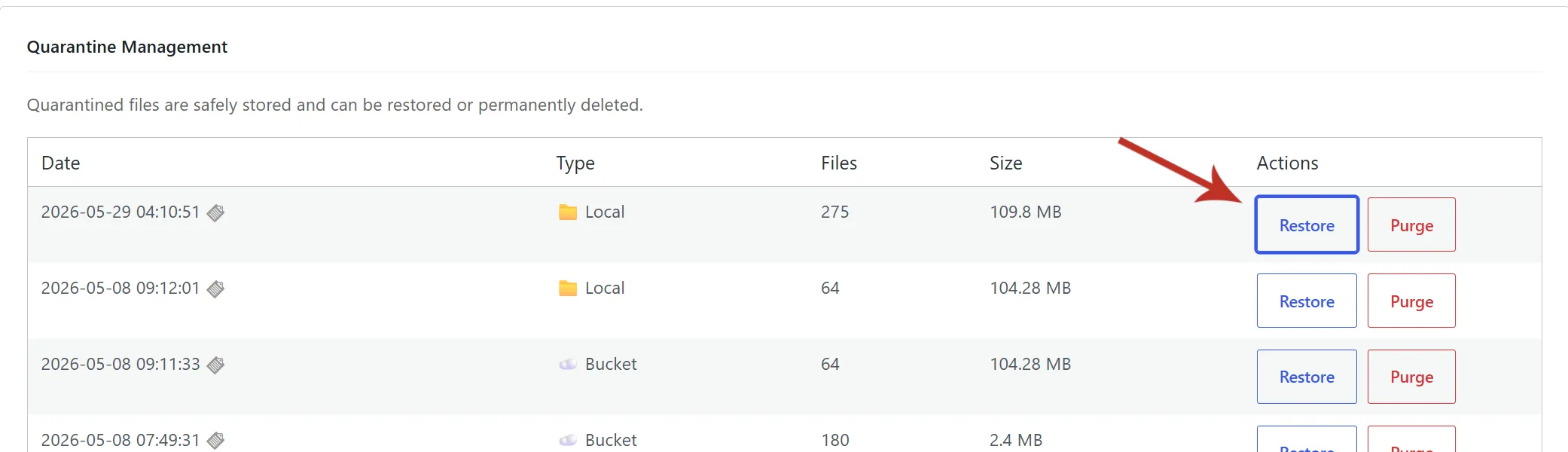 Restoring quarantined files back into the uploads directory — one-click recovery per file, no manual filesystem work, so a mistaken quarantine never becomes a real loss
