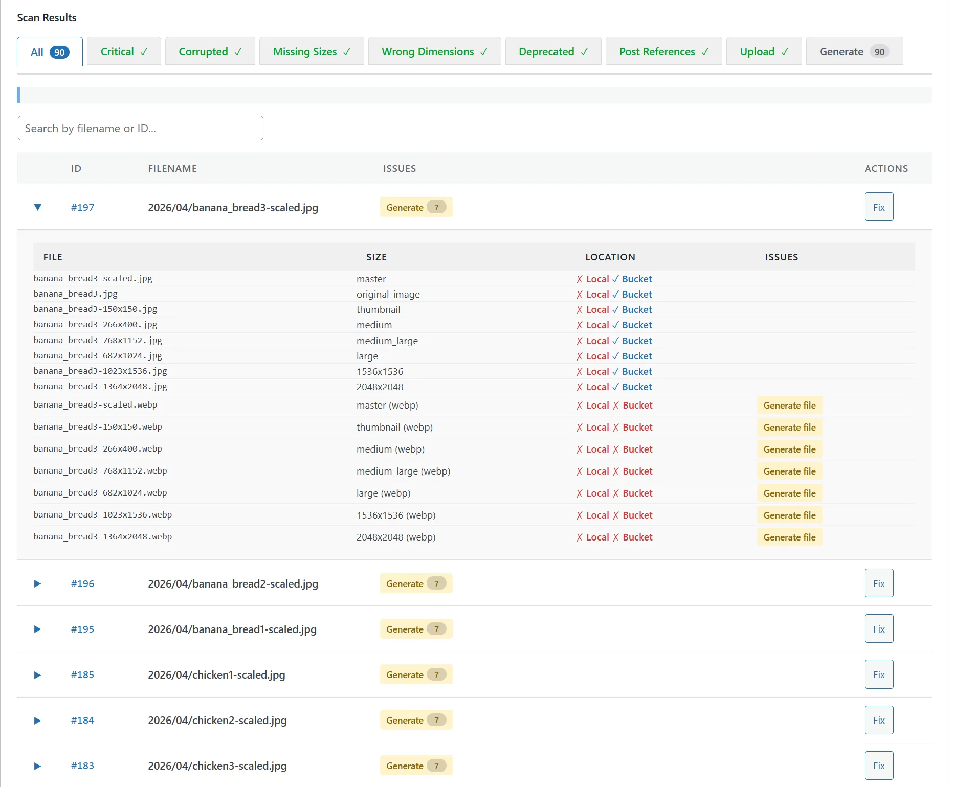 Scanner results listing the count of attachments missing WebP variants, grouped for batch repair