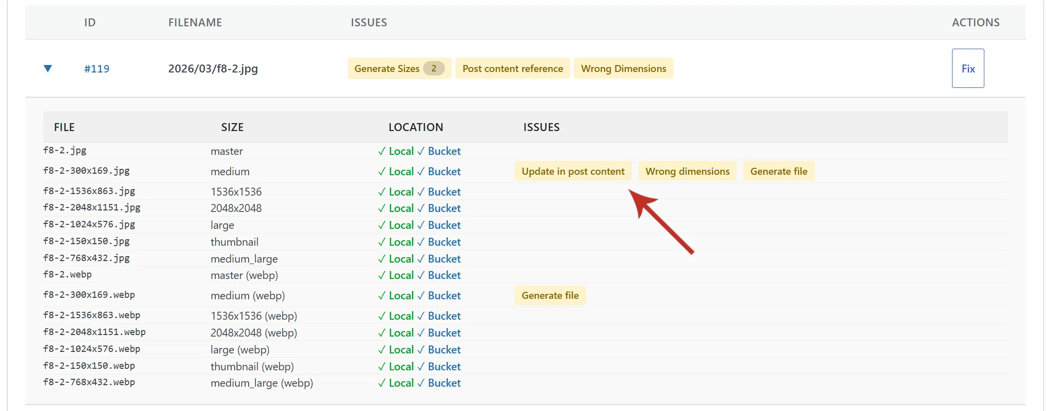 Stale Size Reference auto-fix — the Post Content Scanner mapping an outdated thumbnail filename (photo-300x200.jpg) to the attachment's current size (photo-600x400.jpg) and rewriting the URL in post_content