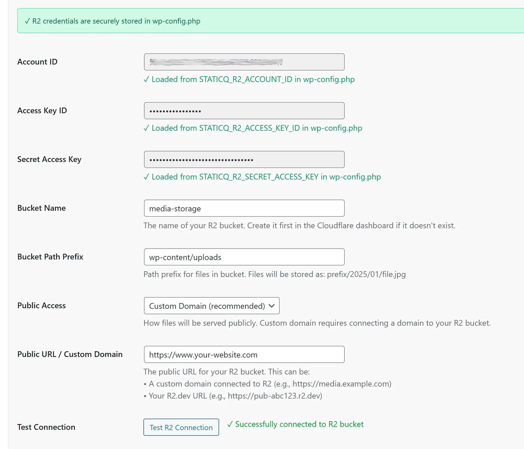 StaticQ Media plugin settings page with R2 credentials filled in and a successful Test Connection result