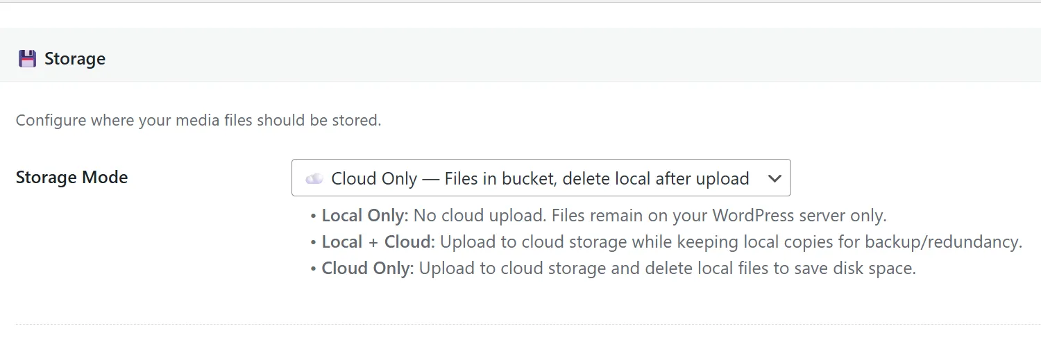 StaticQ storage mode set to Cloud Only — local copies are removed after R2 upload confirms, freeing disk space on shared hosting