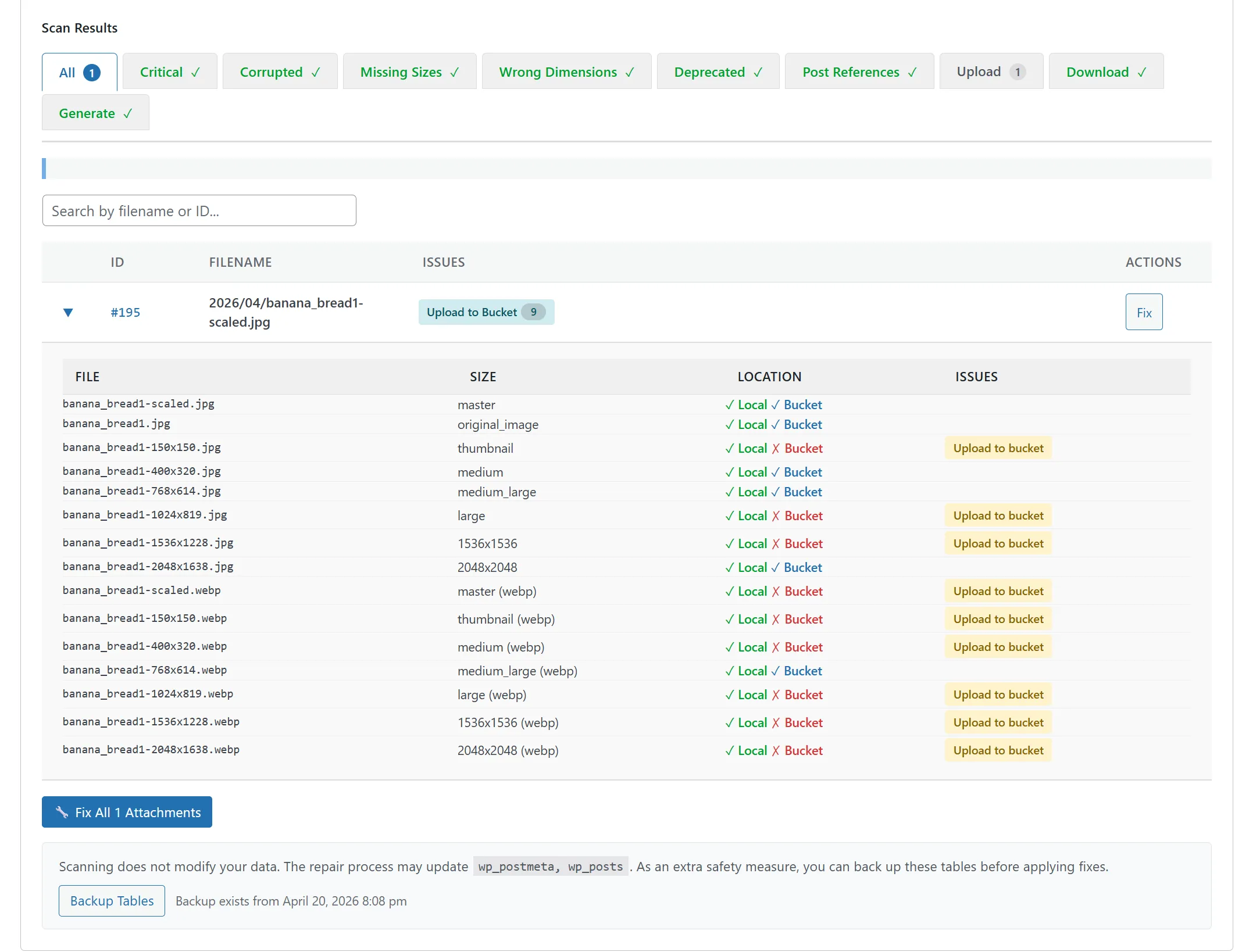 Scanner detecting storage sync gaps — files present locally but missing from the R2 bucket, ready to be uploaded by Fix All