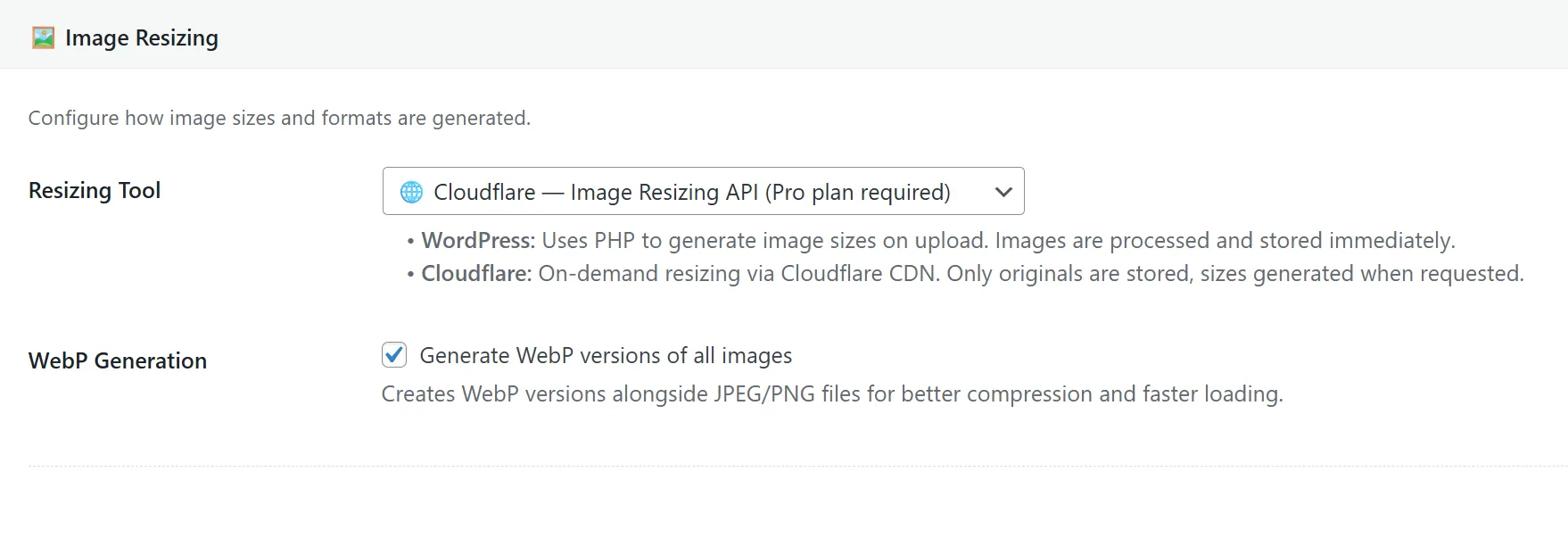 StaticQ Media settings — Enable WebP toggle switched on, with quality controls visible