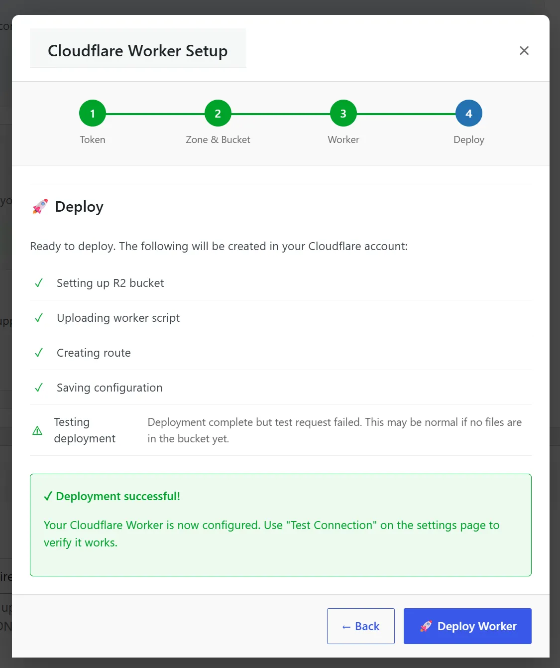 Worker deployment wizard mid-run — checkmarks beside Script Uploaded, Route Created, and R2 Bucket Bound steps