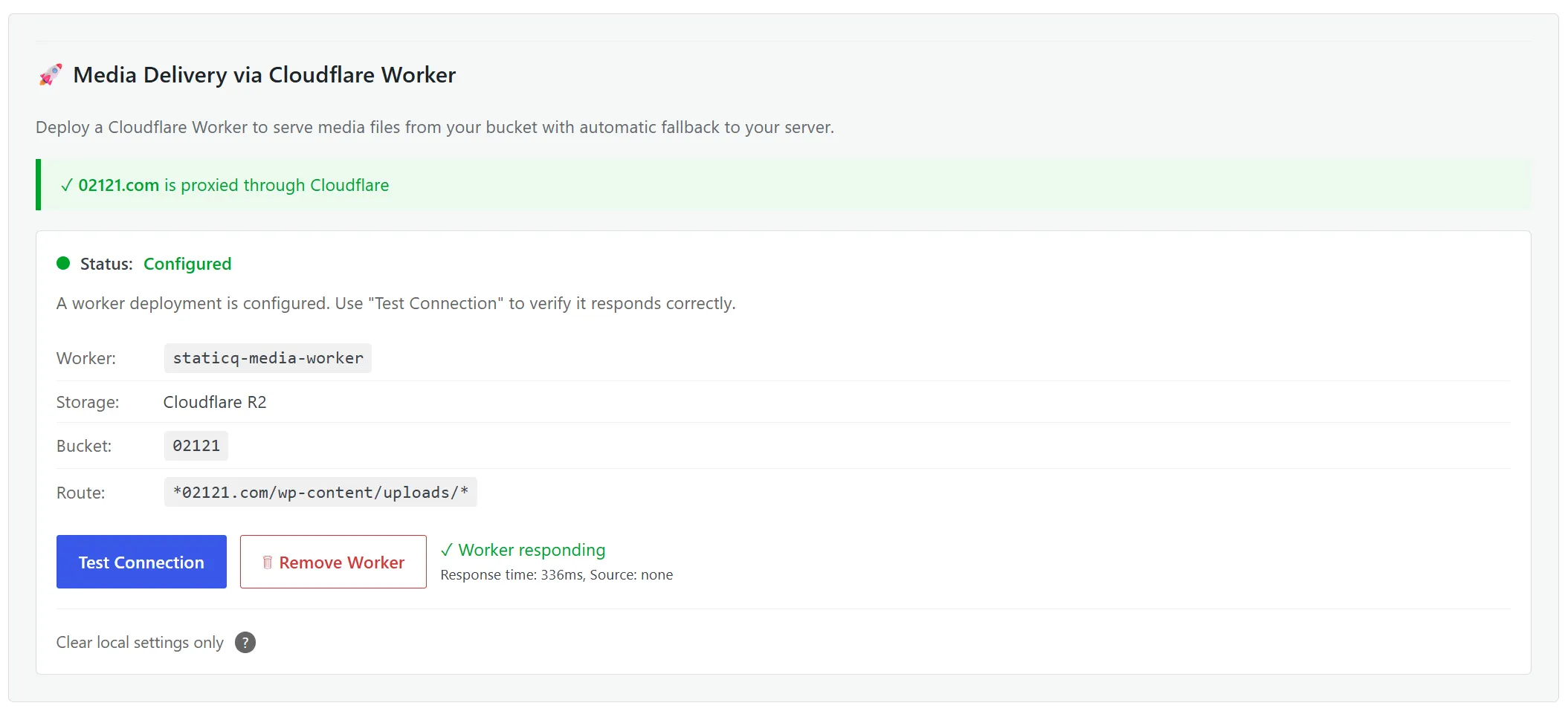 Worker verification test result — green checkmark confirming a test image was served by the Worker route from R2 rather than the origin server