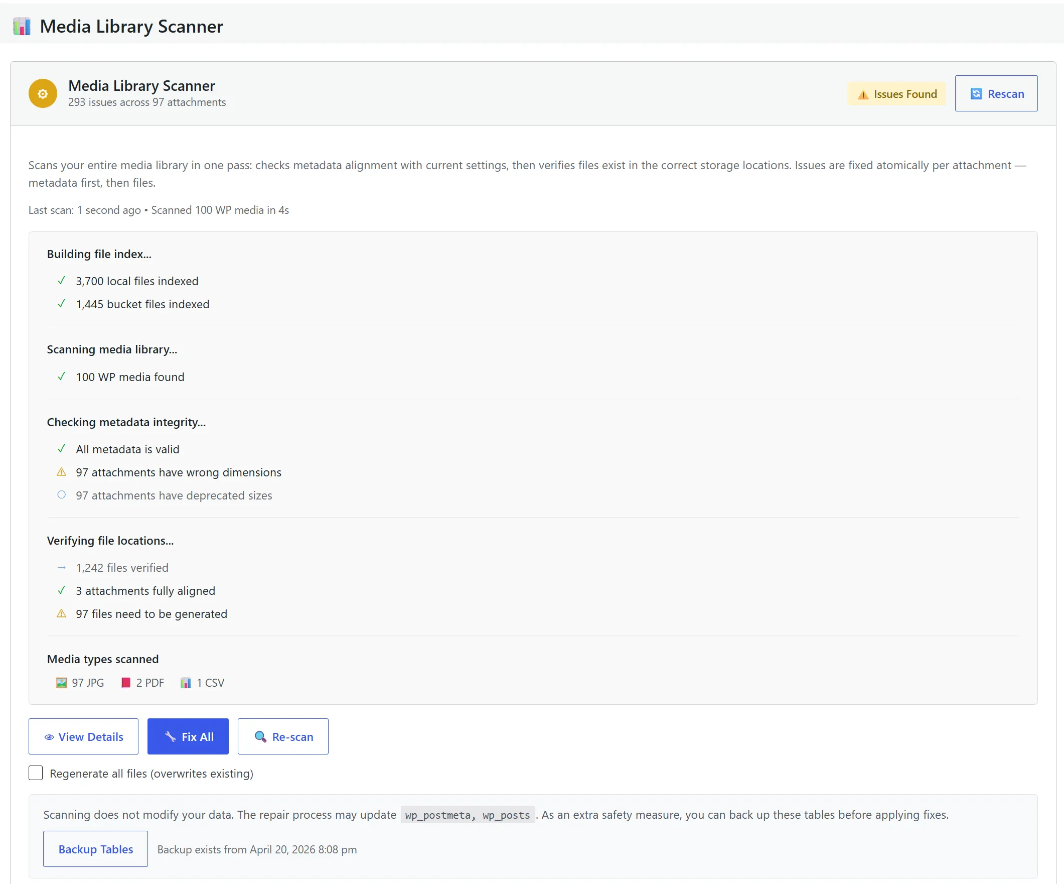 Media Library Scanner results grouped by category — missing sizes, missing WebP, corrupted metadata, deprecated sizes, and storage sync gaps, each with a count and a Fix All button