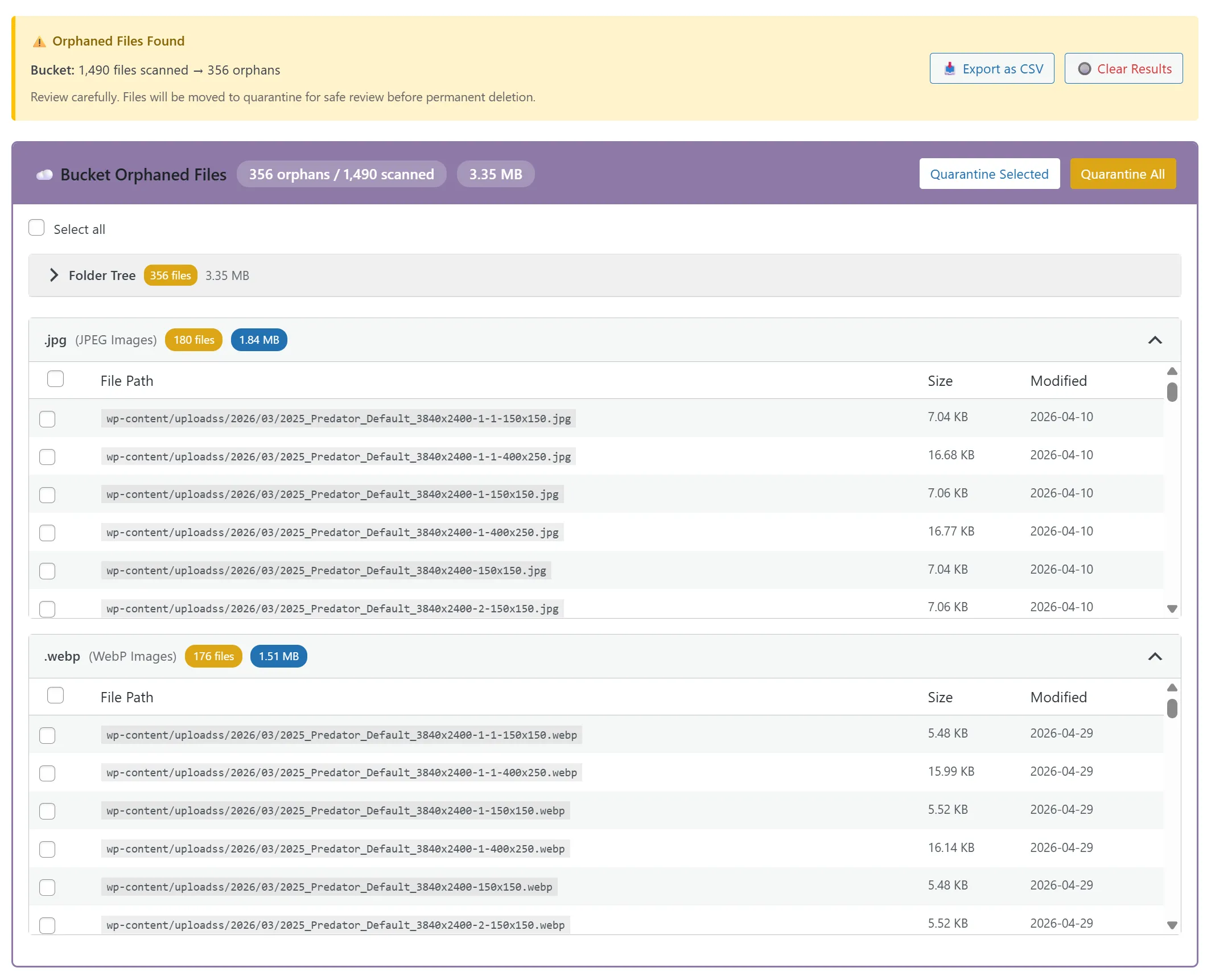 Orphan Detection results after a scan — files no longer referenced by any attachment surfaced, with total recoverable disk space tallied across the affected folders