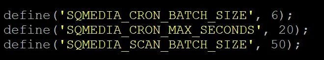 wp-config.php with the SQMEDIA_CRON_BATCH_SIZE, SQMEDIA_CRON_MAX_SECONDS, and SQMEDIA_SCAN_BATCH_SIZE constants added above the stop-editing line
